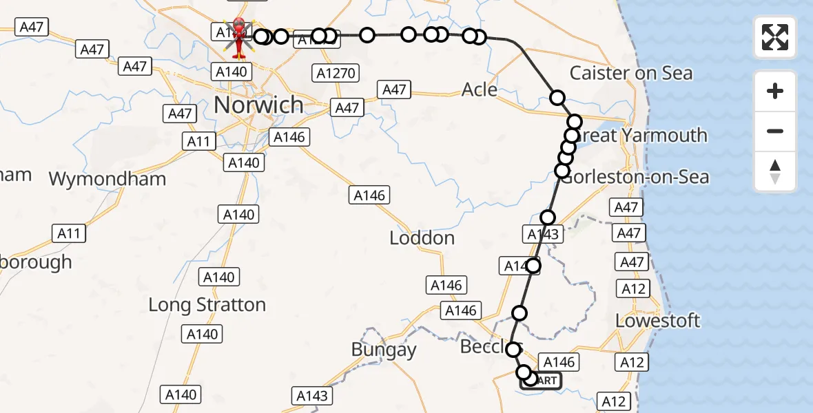 Flight route Air Ambulance Helicopter Beccles Airfield - Norwich Airport, 28 October 2026, 13:22