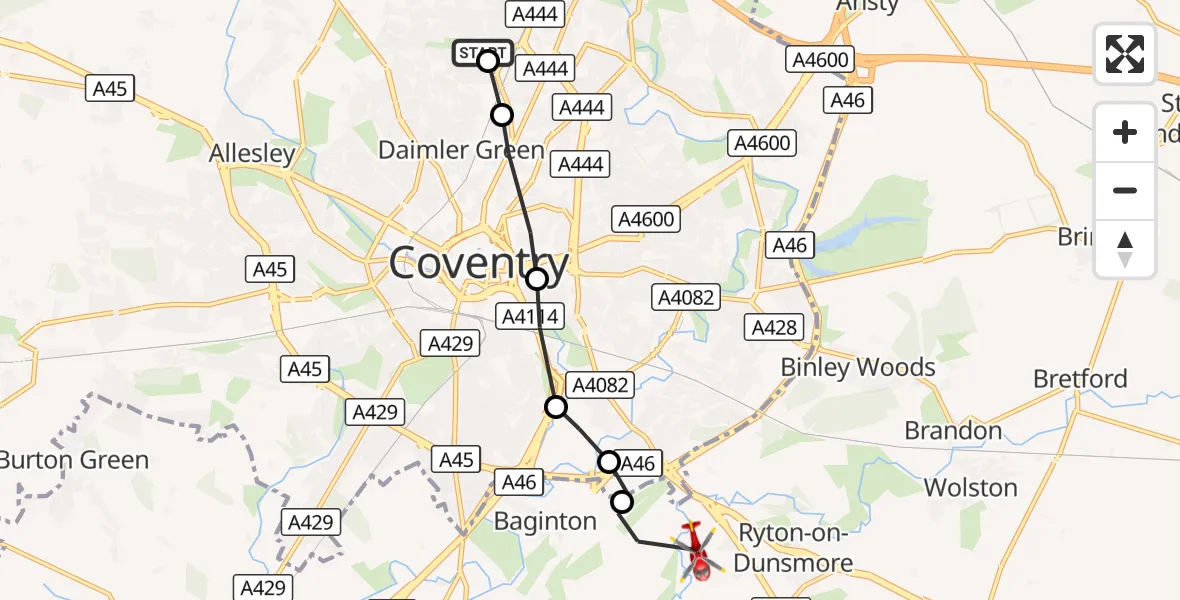 Flight route Air Ambulance Helicopter Holbrooks - Warwick, 28 October 2026, 13:27