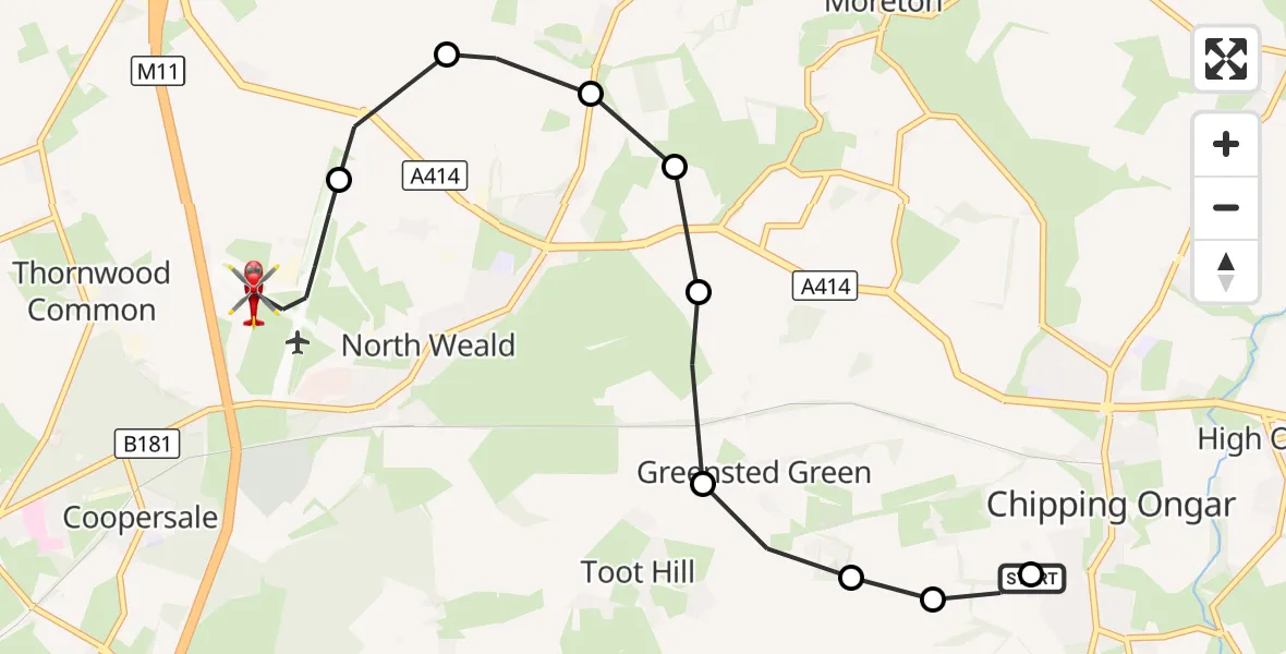 Flight route Air Ambulance Helicopter Greensted Green - North Weald Airfield, 28 October 2026, 13:31