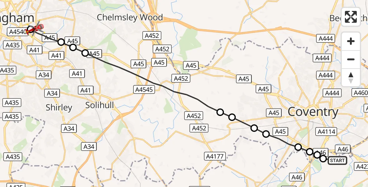 Flight route Air Ambulance Helicopter Coventry Airport - Sparkbrook, 28 October 2026, 13:33