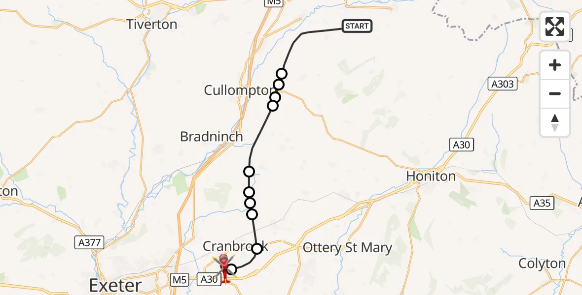 Flight route Air Ambulance Helicopter Uffculme - Exeter International Airport, 28 October 2026, 13:46