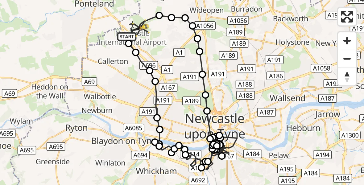 Flight route Police Helicopter Newcastle International Airport - Newcastle International Airport, 28 October 2026, 13:52