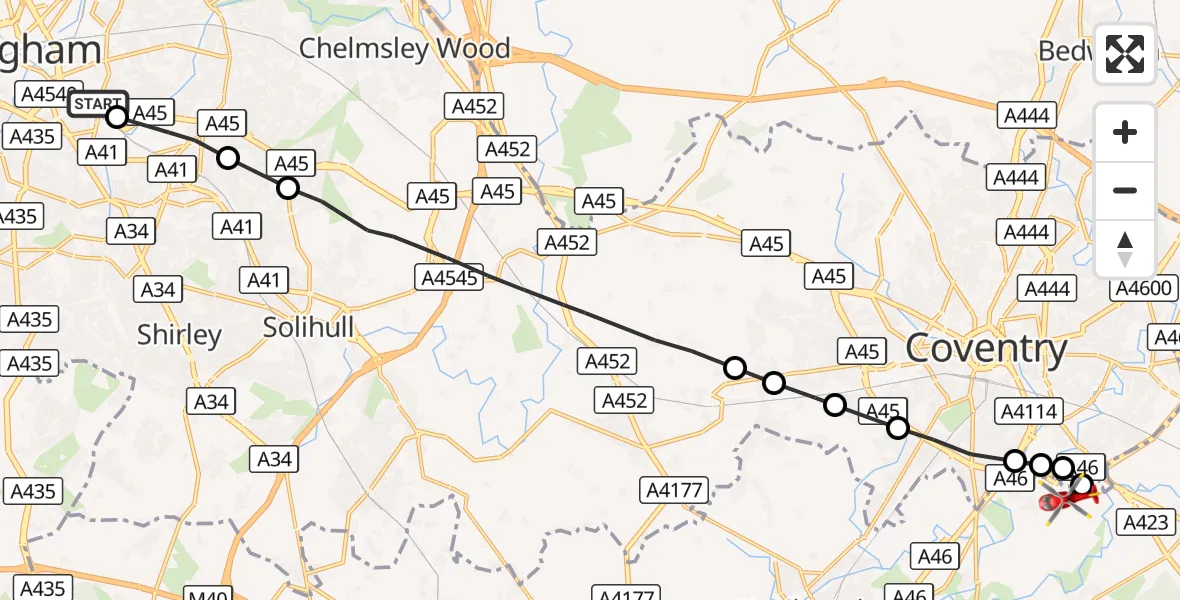 Flight route Air Ambulance Helicopter Sparkbrook - Coventry Airport, 28 October 2026, 14:07