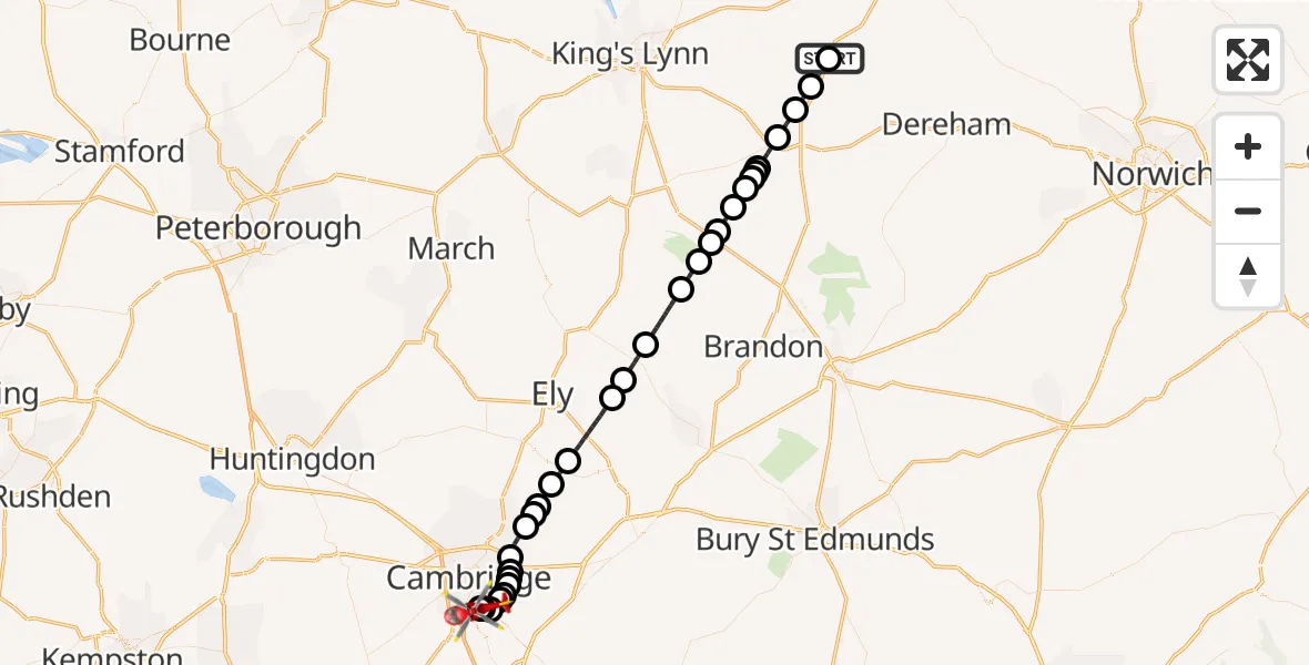 Flight route Air Ambulance Helicopter Weasenham - Papworth Hospital, 28 October 2026, 14:10