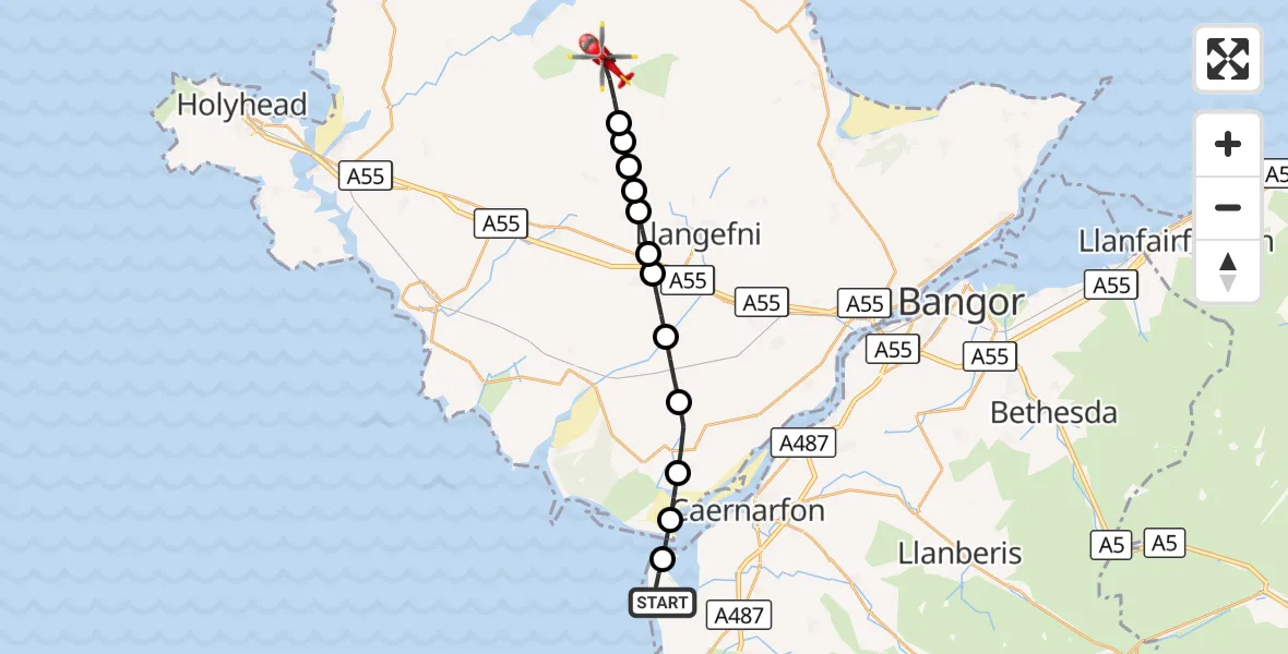 Flight route Air Ambulance Helicopter Caernarfon Airport - Llannerch-y-Medd, 28 October 2026, 14:13