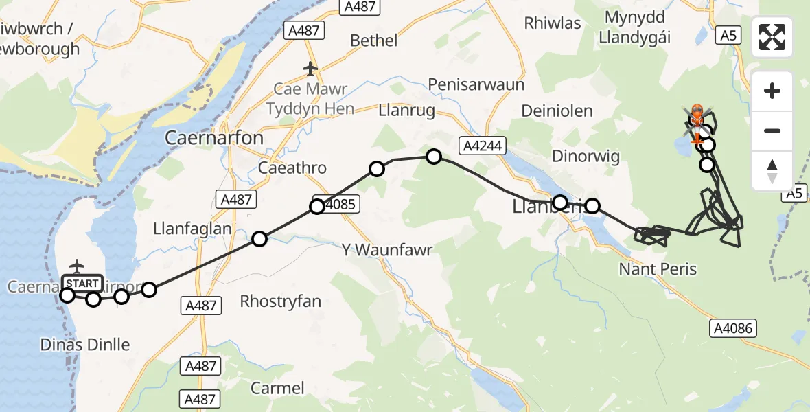Flight route Coastguard Helicopter Caernarfon Airport - Llanddeiniolen, 28 October 2026, 14:30