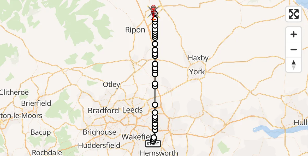 Flight route Air Ambulance Helicopter YAA Nostell Helicopter Port - RAF Topcliffe, 28 October 2026, 14:33