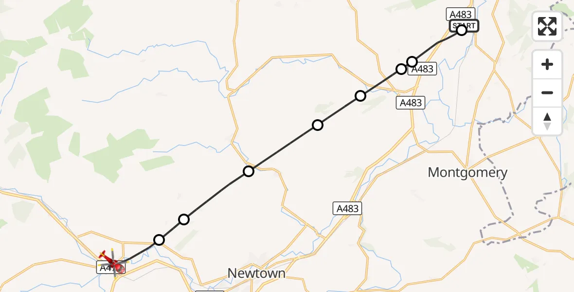 Flight route Air Ambulance Helicopter Welshpool Airport - Caersws, 28 October 2026, 14:56