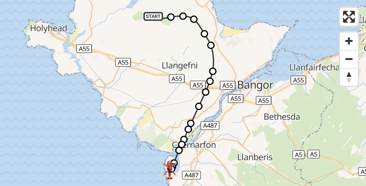 Flight route Air Ambulance Helicopter Llannerch-y-Medd - Caernarfon Airport, 28 October 2026, 15:33