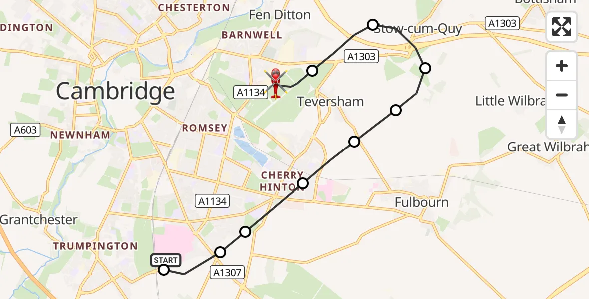 Flight route Air Ambulance Helicopter Papworth Hospital - Cambridge City Airport, 28 October 2026, 15:43