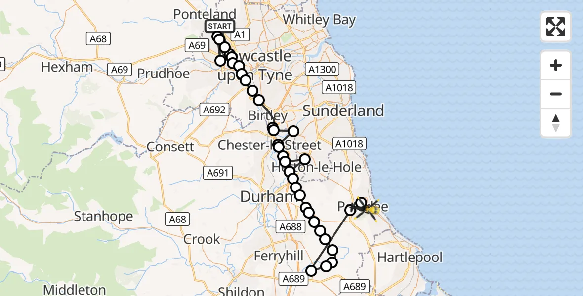 Flight route Police Helicopter Newcastle International Airport - Peterlee, 28 October 2026, 15:45
