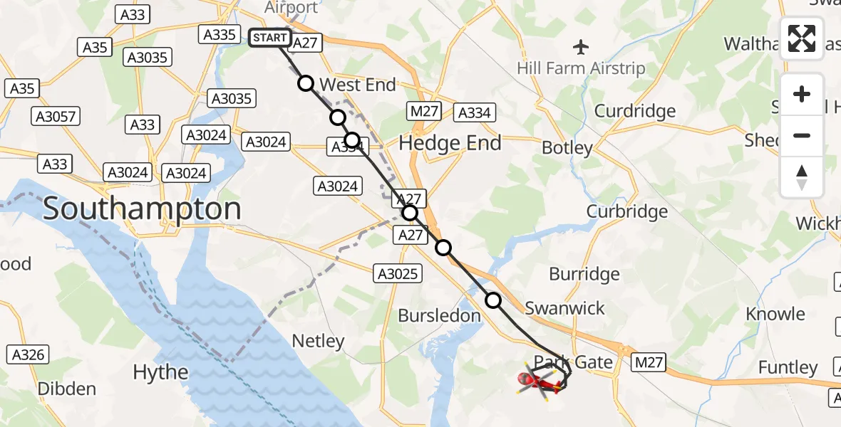 Flight route Air Ambulance Helicopter Townhill Park - Fareham, 28 October 2026, 15:47