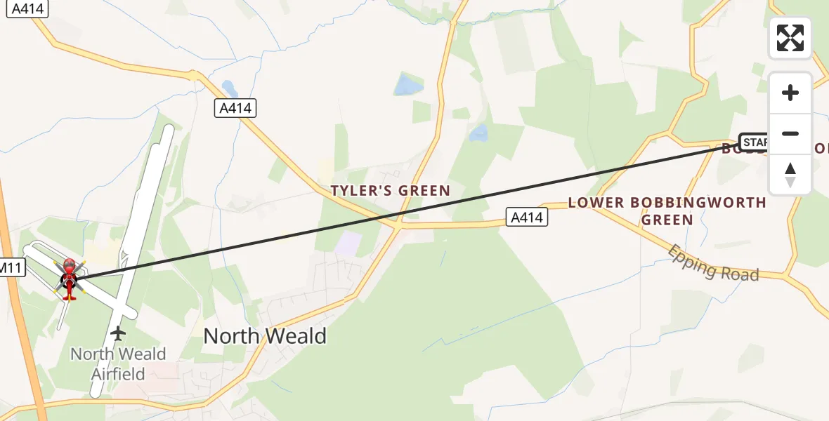 Flight route Air Ambulance Helicopter Moreton - North Weald Airfield, 28 October 2026, 16:15