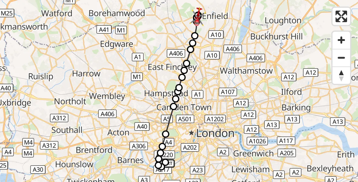 Flight route Air Ambulance Helicopter London Heliport - Enfield, 28 October 2026, 16:19