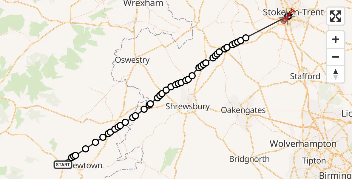 Flight route Air Ambulance Helicopter Caersws - University Hospital North Staffs, 28 October 2026, 16:33