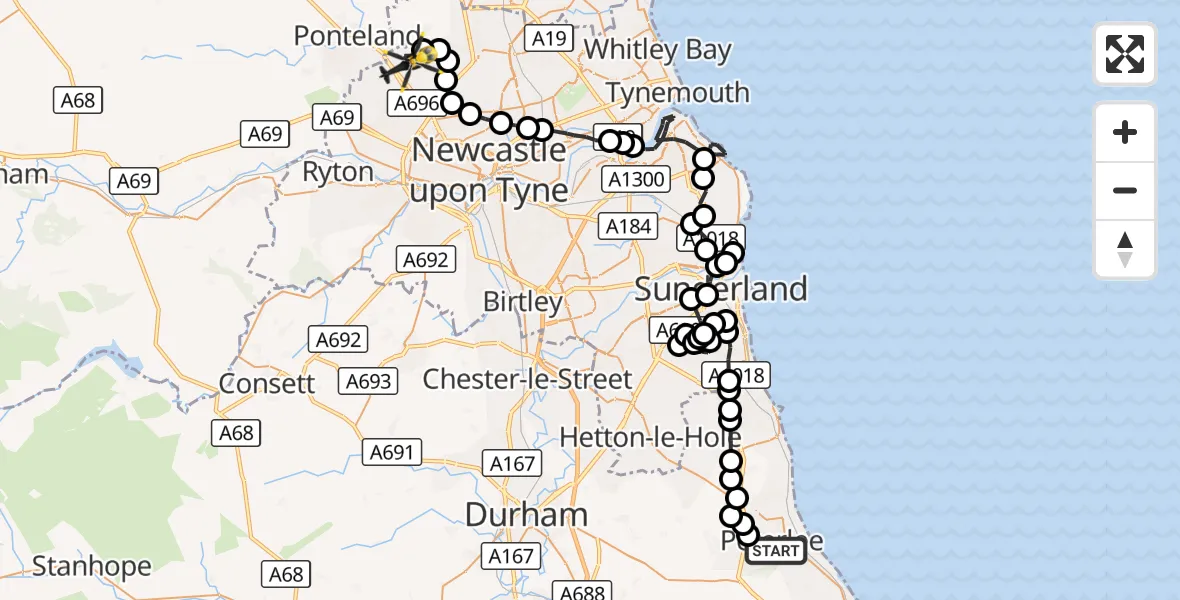 Flight route Police Helicopter Peterlee - Callerton, 28 October 2026, 16:34