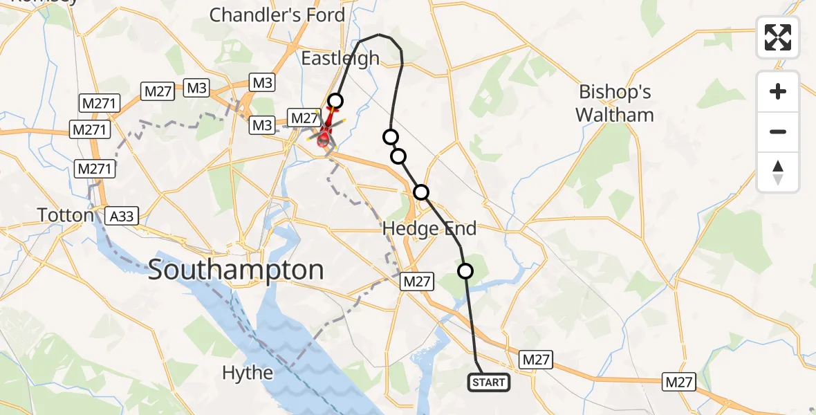 Flight route Air Ambulance Helicopter Fareham - Southampton Airport, 28 October 2026, 16:36