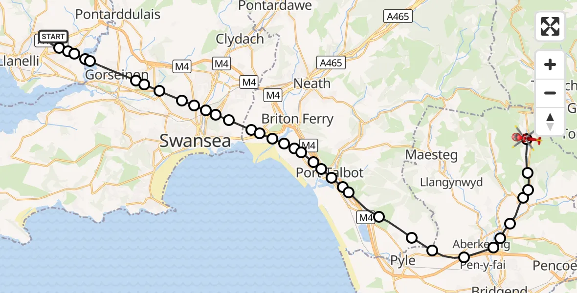 Flight route Air Ambulance Helicopter Dafen - Nant-y-moel, 28 October 2026, 16:48