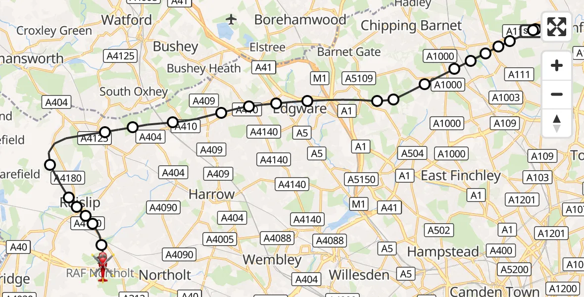 Flight route Air Ambulance Helicopter Enfield - RAF Northolt, 28 October 2026, 16:51