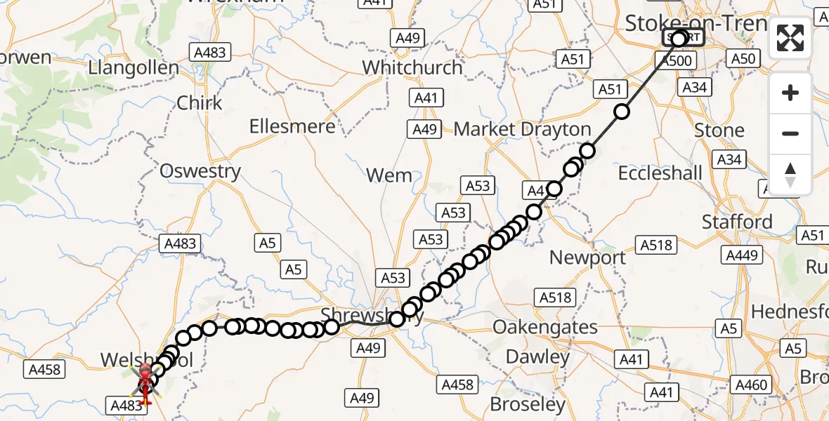 Flight route Air Ambulance Helicopter University Hospital North Staffs - Welshpool Airport, 28 October 2026, 17:34