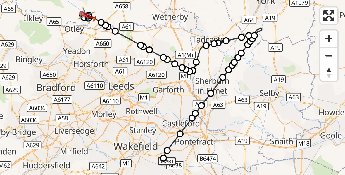 Flight route Air Ambulance Helicopter YAA Nostell Helicopter Port - Braythorn, 28 October 2026, 17:46