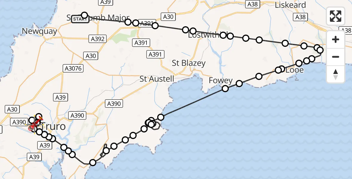 Flight route Air Ambulance Helicopter Cornwall Airport Newquay - Treliske Hospital, 28 October 2026, 17:55