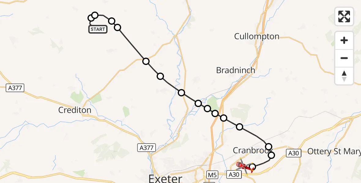 Flight route Air Ambulance Helicopter Poughill - Exeter International Airport, 28 October 2026, 17:57