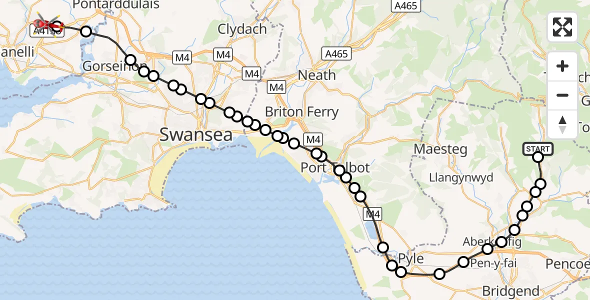 Flight route Air Ambulance Helicopter Wyndham - Dafen, 28 October 2026, 18:14