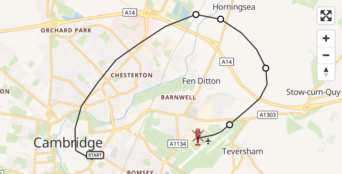 Flight route Air Ambulance Helicopter Cambridge - Cambridge City Airport, 28 October 2026, 18:29