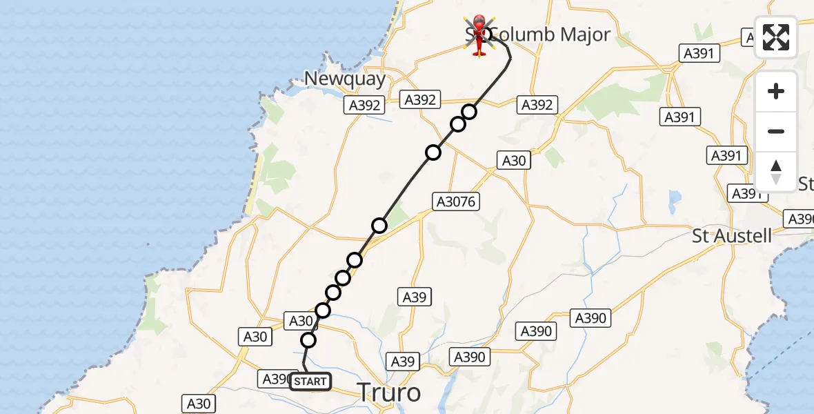 Flight route Air Ambulance Helicopter Langarth - Cornwall Airport Newquay, 28 October 2026, 18:42