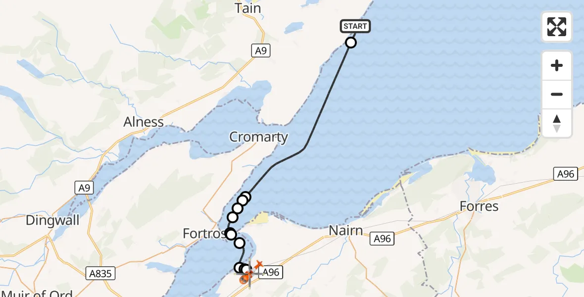 Flight route Coastguard Helicopter Hilton of Cadboll - Inverness Airport, 28 October 2026, 18:44