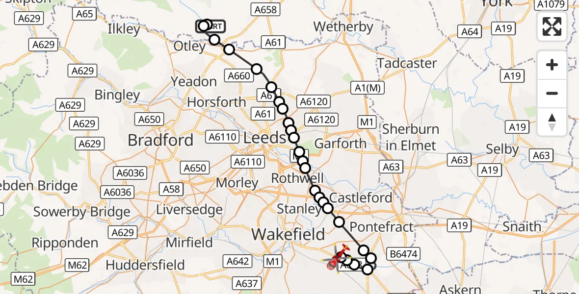 Flight route Air Ambulance Helicopter Leathley - YAA Nostell Helicopter Port, 28 October 2026, 18:52