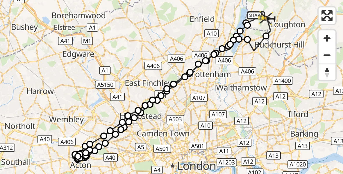 Flight route Police Helicopter Sewardstonebury - Sewardstonebury, 28 October 2026, 19:29