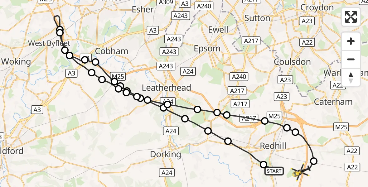 Flight route Police Helicopter Salfords - South Nutfield, 28 October 2026, 20:23