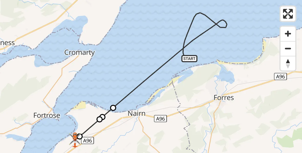 Flight route Coastguard Helicopter North Sea - Inverness Airport, 28 October 2026, 21:18