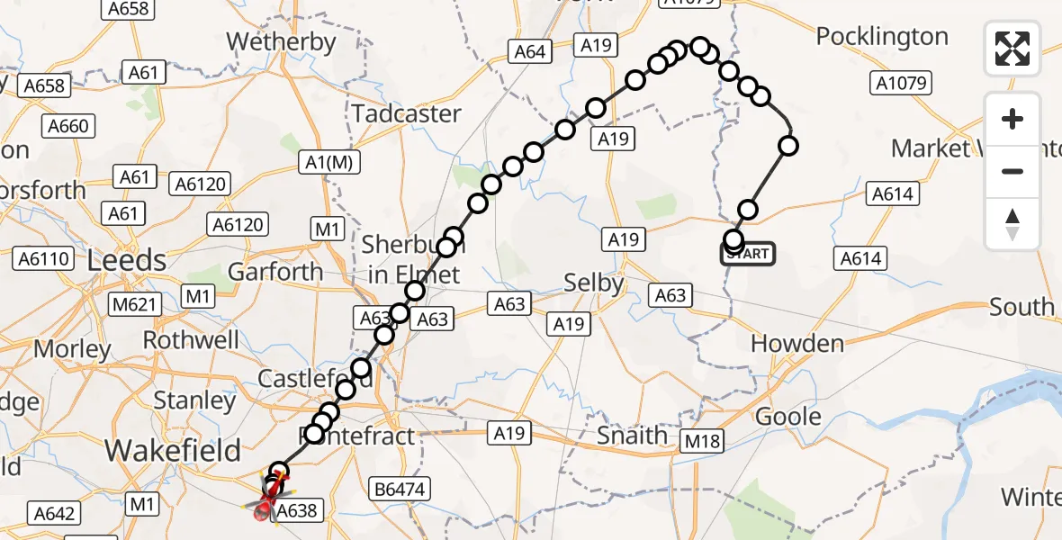 Flight route Air Ambulance Helicopter Breighton Airfield - YAA Nostell Helicopter Port, 28 October 2026, 21:19