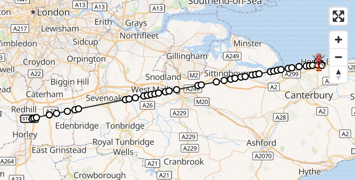 Flight route Air Ambulance Helicopter Redhill Aerodrome - Broomfield, 28 October 2026, 21:59