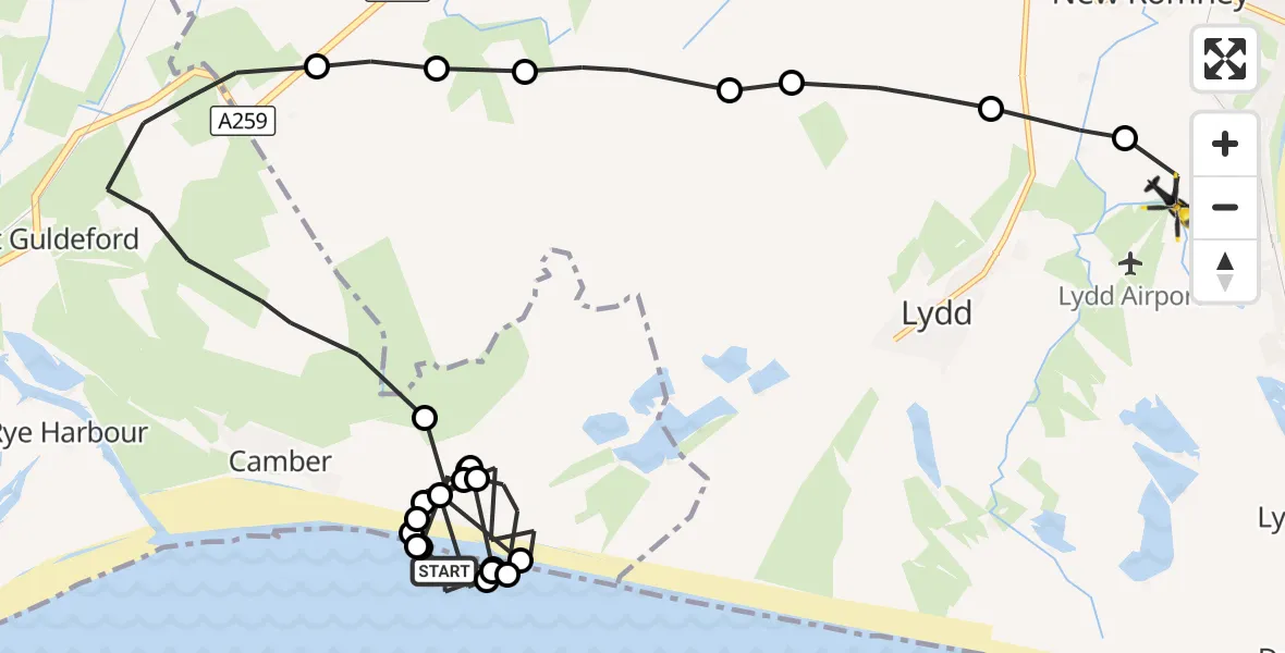 Flight route Police Helicopter English Channel - Lydd London Ashford Airport, 28 October 2026, 22:45