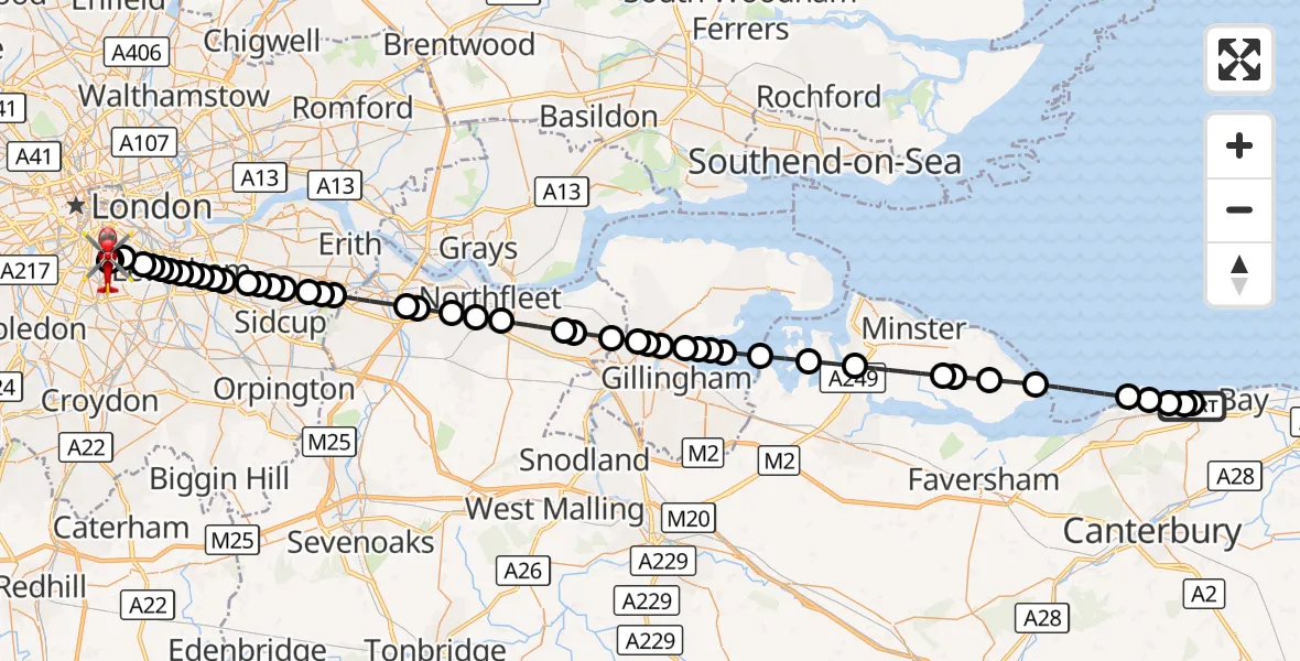 Flight route Air Ambulance Helicopter Canterbury - Kings College London Hospital, 28 October 2026, 22:59