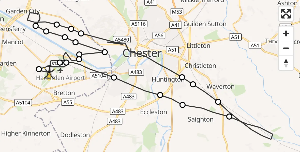 Flight route Police Helicopter Hawarden Airport - Hawarden Airport, 28 October 2026, 23:15