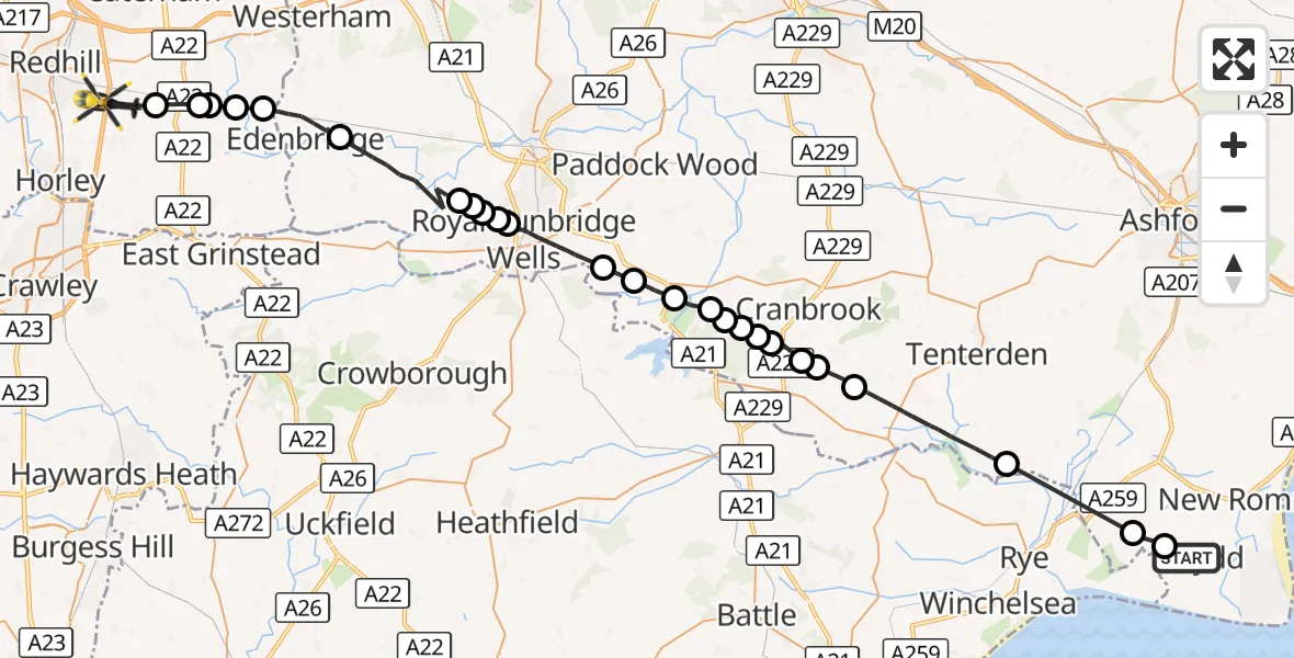 Flight route Police Helicopter Lydd - South Nutfield, 28 October 2026, 23:39