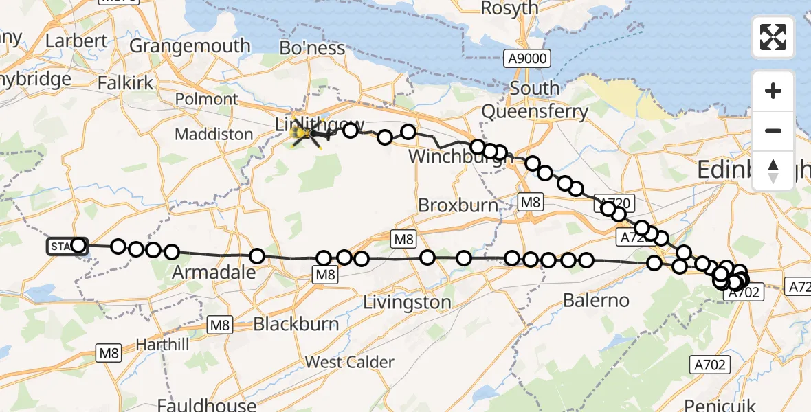 Flight route Police Helicopter Longriggend - Linlithgow, 28 October 2026, 23:41