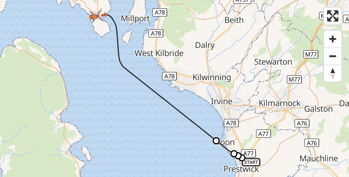 Flight route Coastguard Helicopter Glasgow Prestwick Airport - Bute Airfield, 29 October 2026, 02:46