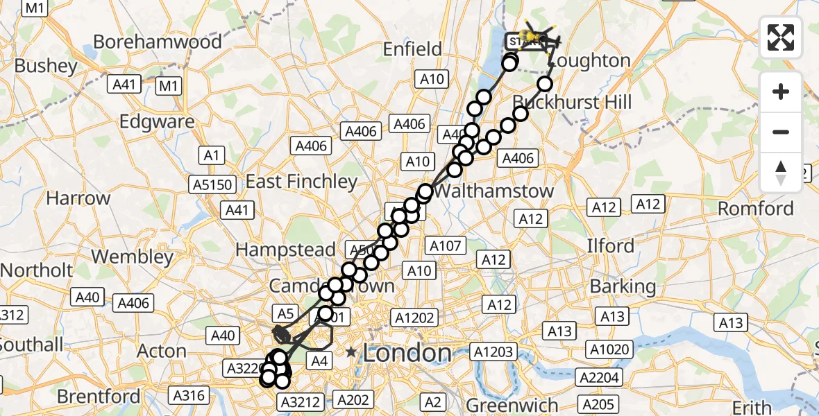 Flight route Police Helicopter Sewardstonebury - Sewardstonebury, 29 October 2026, 03:19