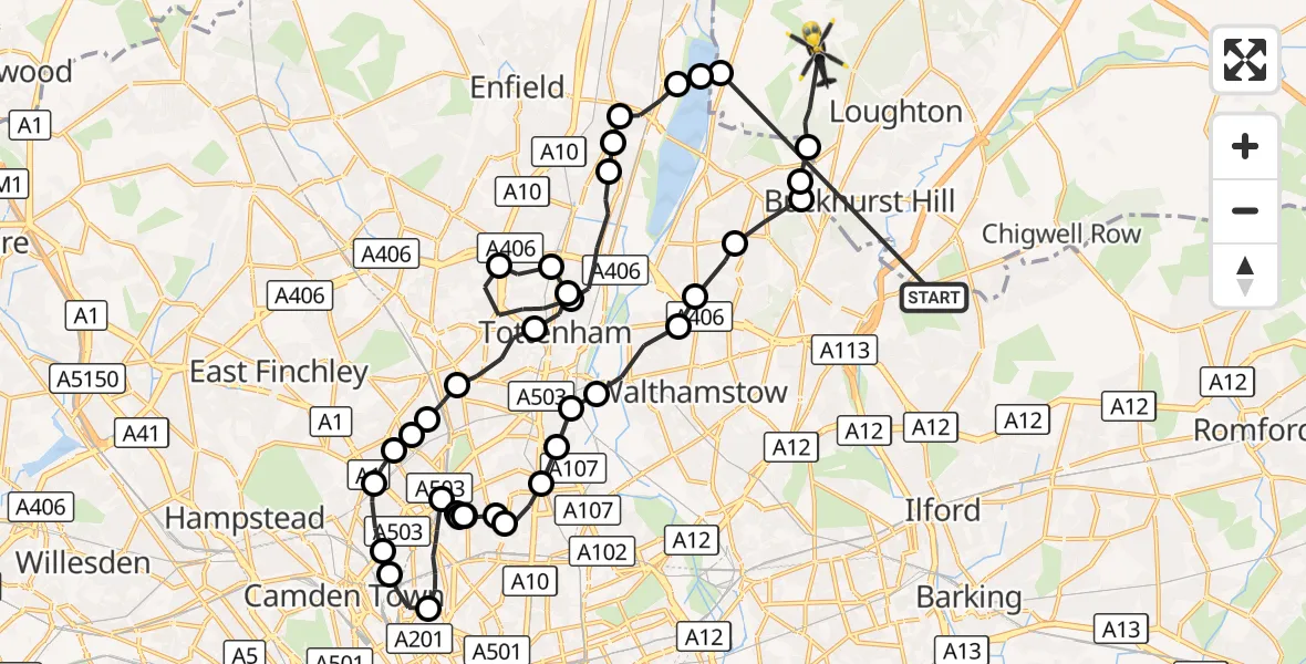 Flight route Police Helicopter Chigwell - Sewardstonebury, 29 October 2026, 05:01