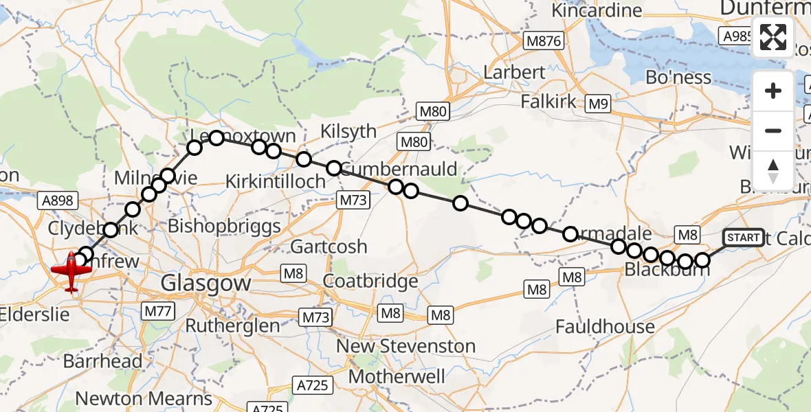 Flight route Air Ambulance Aircraft Livingston - Glasgow Airport, 29 October 2026, 05:29