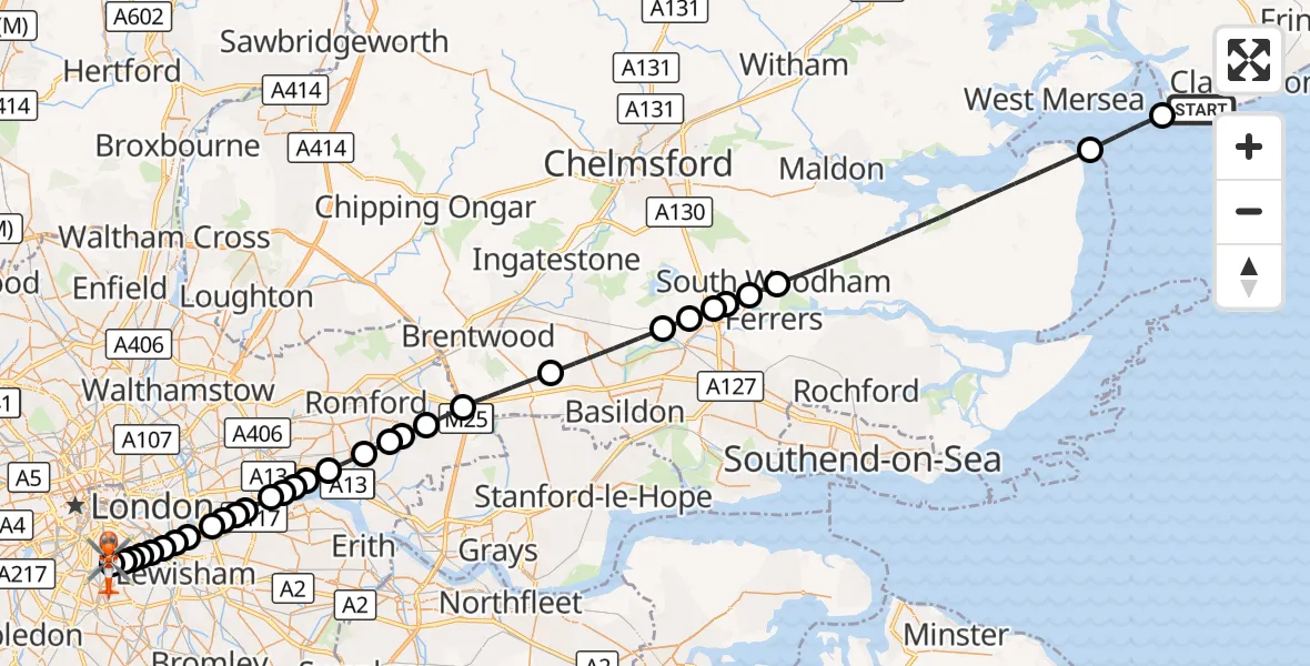 Flight route Coastguard Helicopter Tendring - Kings College London Hospital, 29 October 2026, 06:41