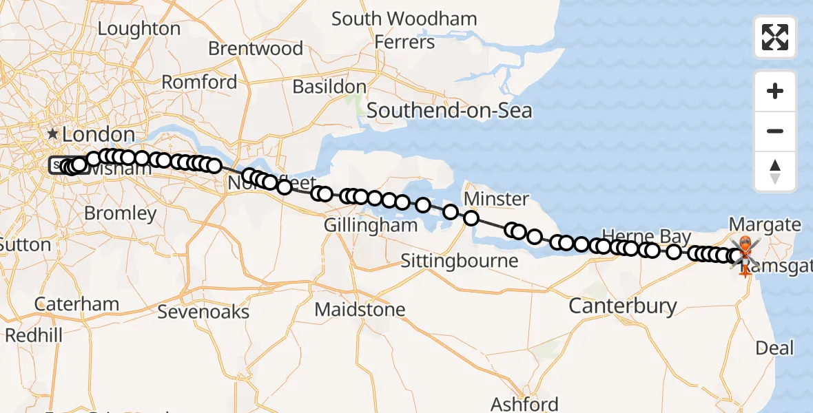 Flight route Coastguard Helicopter Kings College London Hospital - Manston Airport, 29 October 2026, 08:01
