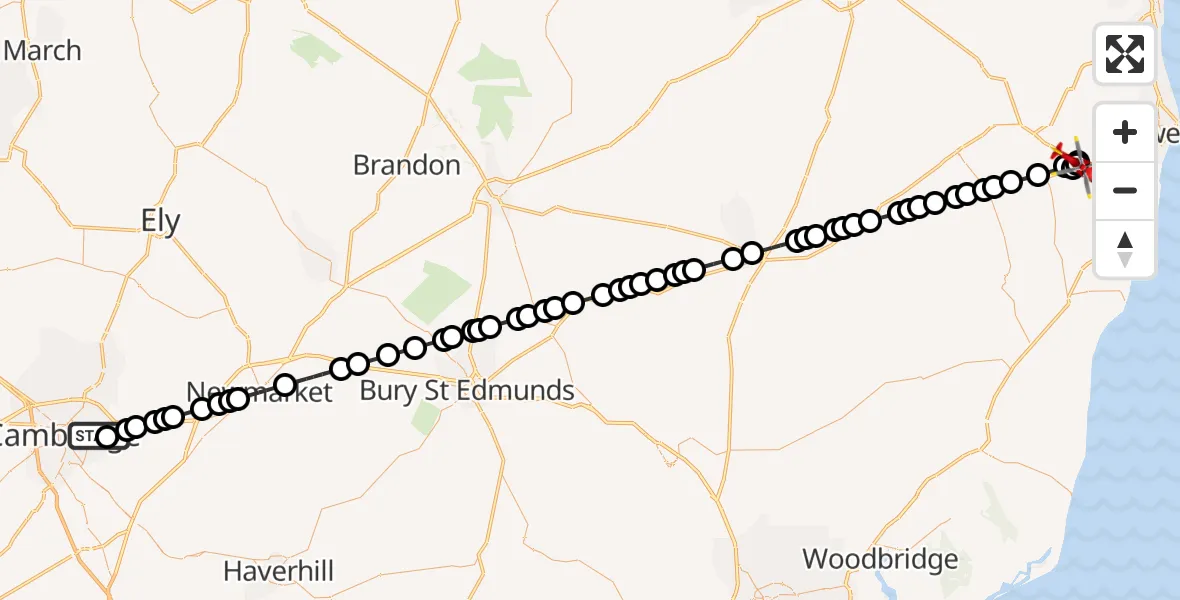 Flight route Air Ambulance Helicopter Cambridge City Airport - North Cove, 29 October 2026, 08:13