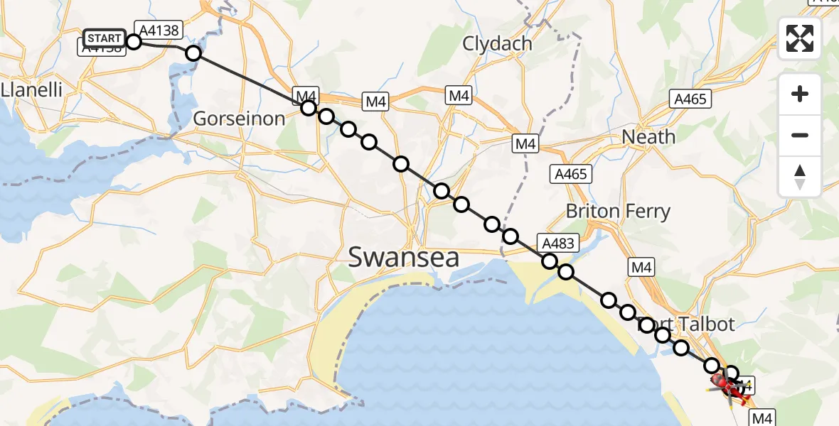 Flight route Air Ambulance Helicopter Dafen - Margam, 29 October 2026, 08:16